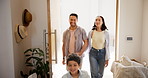 Parents, new house and children running, walking and excited for moving in, mortgage and real estate at entrance. Interracial family, mom and dad with kids in front door for dream home or property