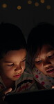 Smile, siblings or kids on tablet in home at night, learning or education of family bonding together closeup. Happy children, brother and sister on tech for cartoon, play game or watch video on bokeh