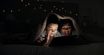 Tablet, night and children on bed with cartoon, gaming or streaming movie, video of film in blanket fort. Family, siblings or kids in bedroom with love, bonding or digital, search or storytelling app