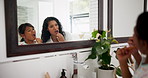 Mother, mirror or child in bathroom brushing teeth together for development in morning at family home. Girl learning, mom or kid cleaning mouth with toothbrush for dental or oral health with parent