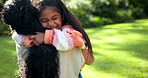 Mother, child and running hug or outdoor connection or love reunion for care, summer or bonding. Daughter, kid and person from behind for greeting embrace in backyard garden or happy, together or joy