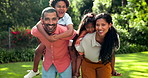 Happy family, kids and parents piggyback in park with games, fun and excited for bonding, love and support. Portrait of mother, father and children playing in nature, garden and outdoor for adventure