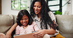 Love, tablet or mother and daughter on a sofa for bonding, gaming or reading at home together. Digital, app and mom with girl child in a living room for steaming cartoon, learning or storytelling app