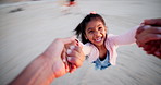 Child, parent and swing at beach for happy games, play and holding hands in POV support, fun or excited. Face of Mexican girl and person spinning in air for family bonding, love or adventure outdoor