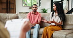 Psychology, therapy and counseling with fighting couple in session for communication or conflict resolution. Mental health, consulting or discussion with man and woman in session for marriage support