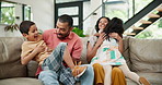 Happy family, parents and playful kids on sofa together for bonding, fun and hug in home to relax. Mom, dad and children playing on couch with love, trust or support with quality time in living room 