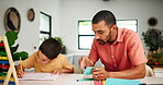 Son, father and education with learning by writing, brain development and sticky notes for visual aid in memory. Kid, parent or homework with study method for active recall or abacus for creativity