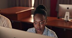 Black woman, computer and night at office, reading article for research and typing with journalist at media company. Writer, work late for deadline, analysis or review with info and coworking space