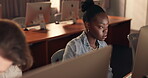 Woman, planning and computer at night for business research, website and reading article or editing in office. Employee, editor or writer on desktop for online, startup and copywriting in workspace