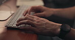 Hands, typing and computer for online research, article or editing on website for night deadline at office desk. Person, journalist or editor closeup with desktop keyboard for report and information