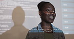 Woman, presentation and coding with software in office for solution, speaking and web 3.0 development. African programmer, projector and speaker with smile for information technology with feedback