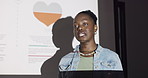Black woman, speaker and presentation at seminar with information, stats and projector screen at podium. Speech, communication with coaching or training, company conference or workshop at startup