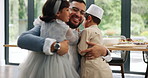 Muslim, running or father and children hug in a house for a hello, reunion or welcome home gesture. Happy family, embrace or Islamic dad greeting excited kids siblings with love, support or bonding 