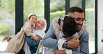 Muslim, running or father and daughter hug in a house for a hello, reunion or welcome home gesture. Happy family, embrace or Islamic dad greeting an excited girl child with love, support or bonding