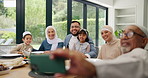 Islamic, selfie or happy family in home at lunch with smile or celebration of Eid or Ramadan in Dubai. Muslim child, people eating food or profile picture at dinner meal with grandparents, dad or mom