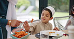 Food, reject or Muslim children with parents or family in home with lunch, plate or supper together. Islamic people, no or kids refuse to eat dinner, meal vegetables or brunch for feast at table