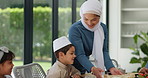 Muslim, woman and children with food or lunch at dining table for eid, islamic celebration and hosting. Ramadan, culture and people eating at religious gathering with roti, discussion and happiness