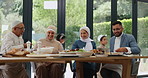 Big family, food and kids at table for eid celebration, Muslim people eating dinner together and faith in home. Islam, men and women at Iftar in dining room with excited children, culture and Ramadan