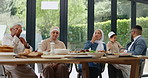 Grandparents, parent and children at table for eid celebration with Muslim people eating dinner together. Islam, men and women at Iftar in dining room with excited kids, culture and Ramadan in home.