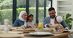 Food, Islamic parents or kids hug in home eating a meal, lunch or dinner with boy or girl. Happy family, mother or Muslim dad greeting excited children siblings with love, support or care at table