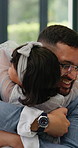 Running, love or father and daughter hug in a house with hello, reunion or welcome home gesture. Happy family, greeting and dad embrace girl child with care, support and trust, excited and bonding