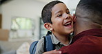 Father, son and kid with hug or backpack for goodbye, conversation and ready for education or back to school. Family, man and boy child in living room for morning routine with greeting or preparation