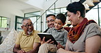 Tablet, learning or game with family on sofa in living room of home together for visit or bonding. Dad, son and senior grandparents with technology for social media, app or education in apartment