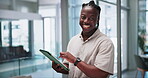 Smile, face and black man in office with tablet for small business, tech startup or online creative in workplace. Digital app, technology and happy consultant in lobby with schedule, agenda or career