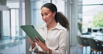 Business, happy and woman with tablet, typing and connection with creative agency or reading a blog. Person, web design or agent with tech news or research with digital app or social media with email