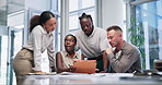 Tablet, problem solving or business people in meeting, discussion, conversation in workplace. Teamwork, manager or group of employees planning a strategy, feedback report or digital project together