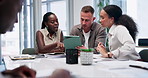 Tablet, group or business people in meeting, discussion, conversation in workplace or office. Teamwork, manager talking or employees planning a strategy, feedback report or digital project together