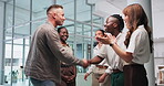 Office, shake hands and employees in meeting, deal and onboarding of clients for diverse project for company in office. Business team, networking and agree to idea for success and key account