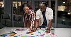 People, teamwork and color swatches or creative agency as deadline decision or painting, interior design or night. Man, woman and brainstorming in boardroom or planning proposal, project or or tablet