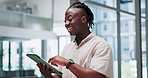 Business, happy and black man with tablet, typing and connection with creative agency and online news. Person, agent and employee with tech and funny with digital app and social network with meme