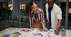 People, teamwork and color swatches or creative for  deadline or painting, interior design or night. Man, woman and brainstorming in boardroom or planning proposal for project, decision or tablet