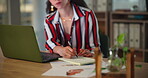 Hands, laptop and business woman writing in notebook at office for planning, schedule or agenda closeup. Computer, research and design with creative employee in workplace to work on project proposal