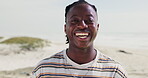 Smile, relax and face of black man at beach for travel, summer vacation and adventure. Happy, explore and holiday with portrait of male person at coastline in Miami for journey, tourism and trip