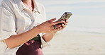 Phone, chat and hands of woman at beach with location, search or web communication closeup. Travel, smartphone or lady person on app for taxi, cab or chauffeur service, tracking or transport request