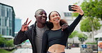 Couple, city and selfie with fitness, smile and support for workout with influencer or balance with hobby. New York, man or woman with cellphone or picture for social media or activity with wellness 