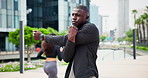 Stretching, fitness and health with black man in city for sports, start and muscle. Body, wellness and running with male person and warm up in urban outdoors for training, workout and exercise