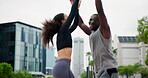 Exercise, high five and jump with couple of friends outdoor in city for success, support or motivation. Winner, fitness or training with exited man and woman together for complete workout celebration