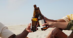 Hands, beer and cheers for celebration on beach, unity and support at outdoor party on weekend. Friends, closeup and alcohol for new years or birthday, bonding and toast on vacation or holiday