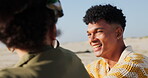Couple, talking and relax on beach on vacation outdoor for bonding with love and a smile. Communication, rest and man, woman in relationship on sand talking on a romantic getaway for honeymoon