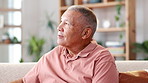 Calm, thinking and senior man on a sofa with nostalgia, memory or moment of reflection at home. Peace, insight or elderly male person relax in living room thoughtful, remember or enjoying retirement