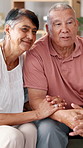 Psychology, happy and senior couple in office for connection, love and care of marriage. Smile, conversation and elderly people on sofa with therapist for counseling together in psychiatry clinic.