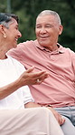 Smile, laughing and senior couple at park, conversation and bonding together on valentines day. Elderly man, woman and talking at garden outdoor, funny and happy on romantic date for relationship