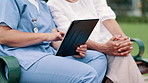 Nurse, tablet and patient outdoor for healthcare, help or support people in nature. Tech, caregiver or closeup of hands by park bench in garden for rehabilitation, medical care or test results on app