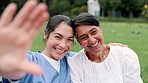 Face, selfie and nurse with senior woman at park for healthcare, rehabilitation or support. Portrait, caregiver or happy patient at garden outdoor for retirement, picture or photo together in nature