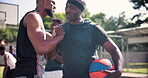 Basketball, men and friends greeting on a court for a game and workout outdoor with fun. Hello, playing and teamwork for match with athletes for sport with a ball for fitness with a player friendship