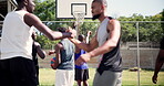 Basketball, men or friends outdoor with handshake to start or celebrate with players on community court. Group or team of male athletes greeting before a game with communication of sports competition